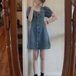 Denim dress women's summer French temperament narrow waist small puff sleeves long and short skirt large size short-sleeved women - Image 4