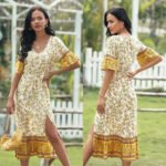 V-neck elastic waist printed patchwork dress - Image 4