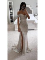 Cross-border hot foreign trade women's clothing independent station polyester sexy fine flash slit prom dress sequin dress new products - Image 2