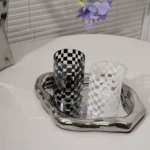 Classic black and white checkerboard glass water cup - Image 2