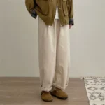 Japanese retro brushed tooling wide-leg pants women's 2023 autumn and winter new straight elastic waist loose casual long pants - Image 5