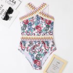 Tenglong 2023 new one-piece swimsuit knitted belt printed hanging neck foreign trade one-piece swimsuit - Image 2