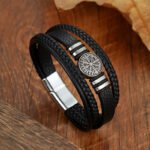 Cross-border braided leather rope leather bracelet Viking compass coin European and American fashion punk style multi-layer men's bracelet new style - Image 2