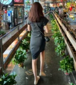 T-shirt skirt new simple gray pleated waist cotton round neck short-sleeved casual slim dress dress - Image 3