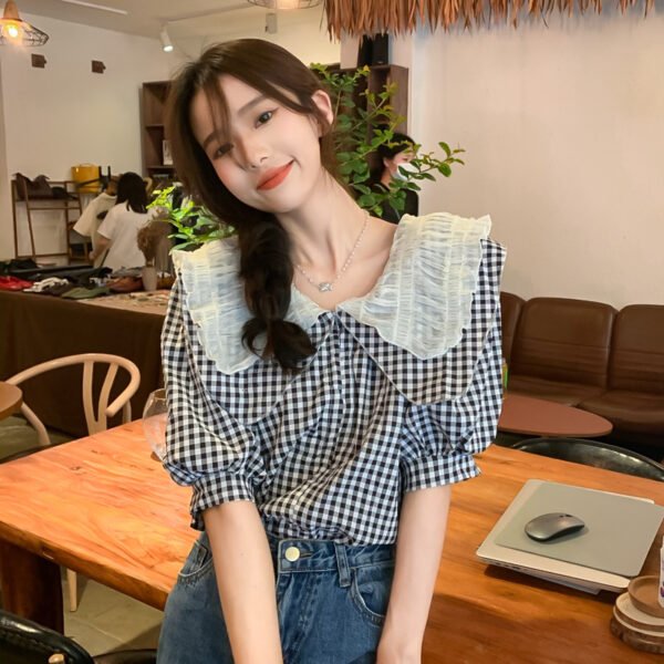 Chic French puff sleeve short-sleeved shirt female all-match summer small plaid design doll collar shirt