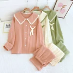 Women's pajamas spring and autumn cotton double-layer crepe cardigan long-sleeved trousers Japanese sweet and thin casual home service suit - Image 2