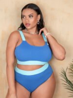 2021 new foreign trade Amazon European and American sexy solid color stitching high waist split bikini swimsuit manufacturers wholesale