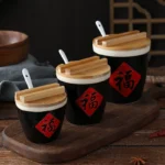 Chinese creative seasoning bottle commercial kitchen ceramic blessing jar with spoon small seasoning box salt chili blessing jar sauce salt jar - Image 3