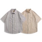 OREETA men's clothing?2022 summer Japanese fresh color matching striped lapel loose five-point sleeve shirt short-sleeved men - Image 2