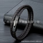 European and American fashion commuter stainless steel leather bracelet lovemyson stainless steel square buckle men's bracelet - Image 3