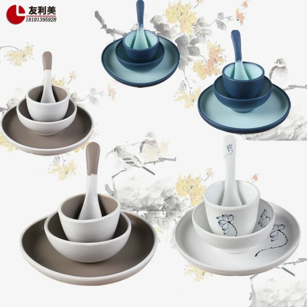 Woori Melamine Frosted Series Snow Lotus Table Set Four-piece Tableware
