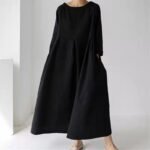 6840 Loose Plus Size Dress 2022 Fat Japanese Korean Version Cotton Linen Round Neck Pullover Solid Color Long Dress Swing Skirt - Image 2
