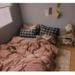 Contrast color mix and match style | pure cotton washed cotton solid color three-piece set simple Japanese plaid pillowcase four-piece bedding set - Image 2