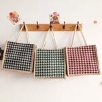 Japanese hand-held canvas women's bag trendy Korean cartoon printing bento handbag large-capacity simple check linen bag - Image 2