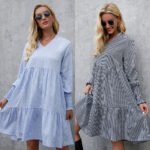 Plain long sleeved large swing V-neck sexy dress