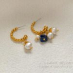 Copper-plated real gold S925 silver needle retro irregular natural stone earrings asymmetric earrings sweet pearl earrings 74