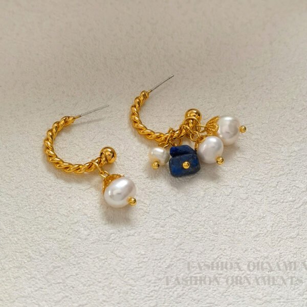 Copper-plated real gold S925 silver needle retro irregular natural stone earrings asymmetric earrings sweet pearl earrings 74