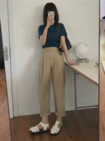 Aki's autumn new product, Japanese khaki pants, women's cover-up, slim, large-size casual design, harem pants - Image 3