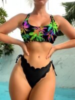 Tamron 2023 new multi-color coconut tree printing laser-cut flower petal bottoms ladies split bikini swimsuit - Image 2