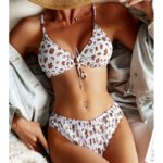 2023 New Sexy Leaf Print Lace Up Bikini Women's Swimsuit European and American High Waist Backless Fashion Swimwear