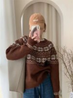 Retro jacquard soft waxy sweater women's 2022 autumn and winter new Japanese style lazy style loose round neck pullover sweater thick - Image 7