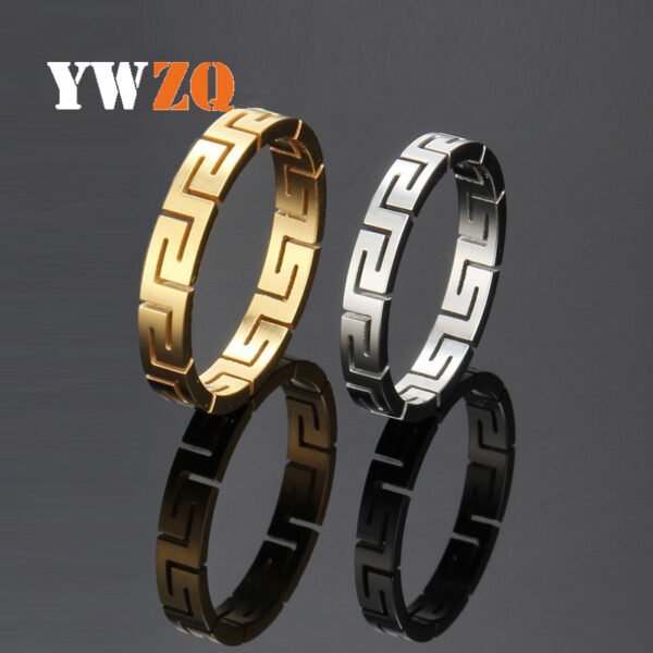 Japanese and Korean simple stainless steel rings for men and women hollow Great Wall pattern geometric tide men titanium steel hip hop ring pair ring jewelry
