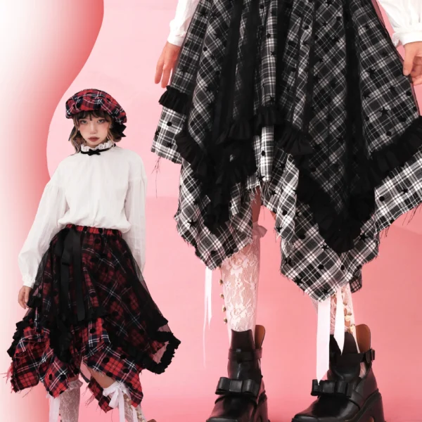 Irregular plaid design feeling skirt