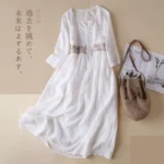 2022 Spring and Autumn Pure Cotton Ethnic Style Embroidered Dress Artistic Temperament Round Neck Nine-point Sleeves Mid-length Cotton Skirt Women