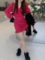 Vetiver thirteen lines 2023 spring new V-neck drawstring small design long-sleeved floral dress female ins