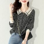 2022 spring and autumn new Korean version fashion design sense loose and thin temperament floral top square collar long-sleeved shirt women