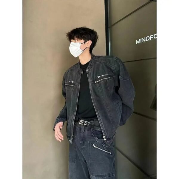 Cleanfit cropped shoulder pad denim jacket men's spring and autumn American retro ruffian fried street fashion brand jacket
