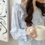 Korean foreign trade ladies ins cotton double-layer gauze new French style solid color pajamas long-sleeved round neck home service suit - Image 6