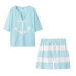 European and American popular V-neck anchor pattern printing short-sleeved tops, wide-leg pants, shorts, loose and thin suits for women - Image 9