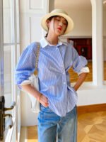 Spring new women's shirt women's long-sleeved blue and white striped French design color matching shirt women's commuting top - Image 4