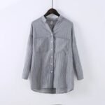 Japanese small fresh stand-up collar loose cotton linen three-quarter sleeve shirt plain cotton linen shirt female sun protection clothing - Image 2