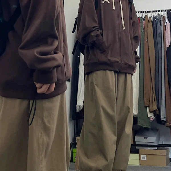 Pure cotton Japanese retro elastic waist straight casual pants men's and women's neutral style loose student all-match overalls trousers trendy