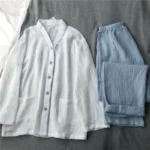 Simple Japanese plain cotton washed cotton double-layer gauze V-neck home clothes pajamas set long-sleeved trousers - Image 3