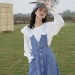Summer Japanese ins high-waisted a-line waist slimming small fresh over-the-knee denim suspenders dress women's mid-length - Image 3