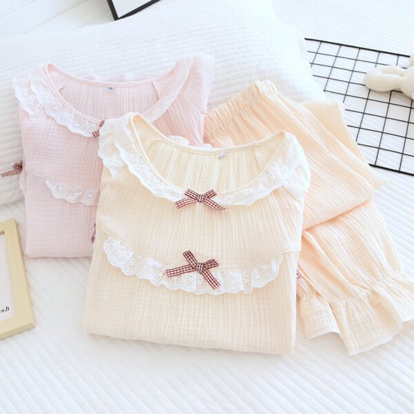 Women's crepe pullover pajamas spring and summer Japanese thin section long-sleeved washed cotton large size solid color cotton yarn home service