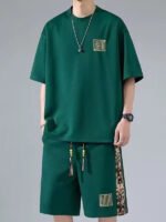 Waffle embroidery suit men's summer loose and versatile short sleeve thin breathable shorts casual trend two-piece set