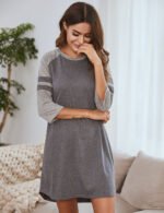 Amazon ebay spring and summer hot style foreign trade European and American women's dress stitching color strip round neck home service pajamas - Image 2