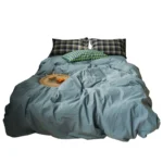 Contrast color mix and match style | pure cotton washed cotton solid color three-piece set simple Japanese plaid pillowcase four-piece bedding set - Image 5