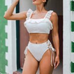 2023 new European and American sexy tube top bikini female Amazon solid color flying edge strap high waist split swimsuit