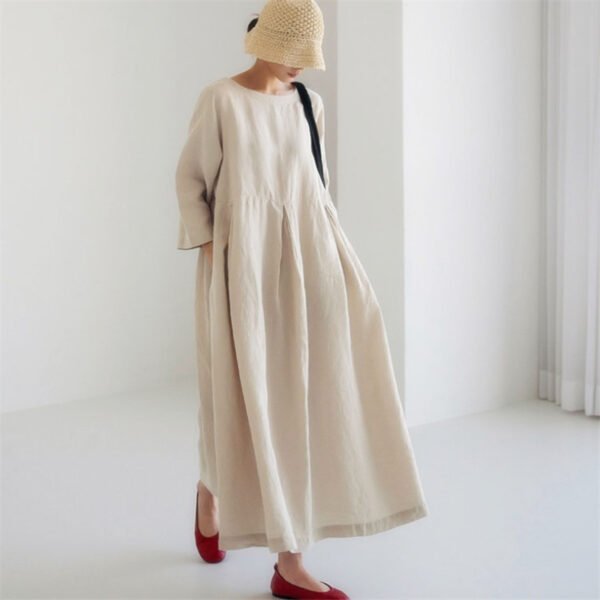6840 Loose Plus Size Dress 2022 Fat Japanese Korean Version Cotton Linen Round Neck Pullover Solid Color Long Dress Swing Skirt