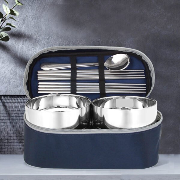 Qifeng Creative Travel Portable Stainless Steel Tableware Spoon Set Retro Tableware Family Tableware Japanese Rice Bowl Bag