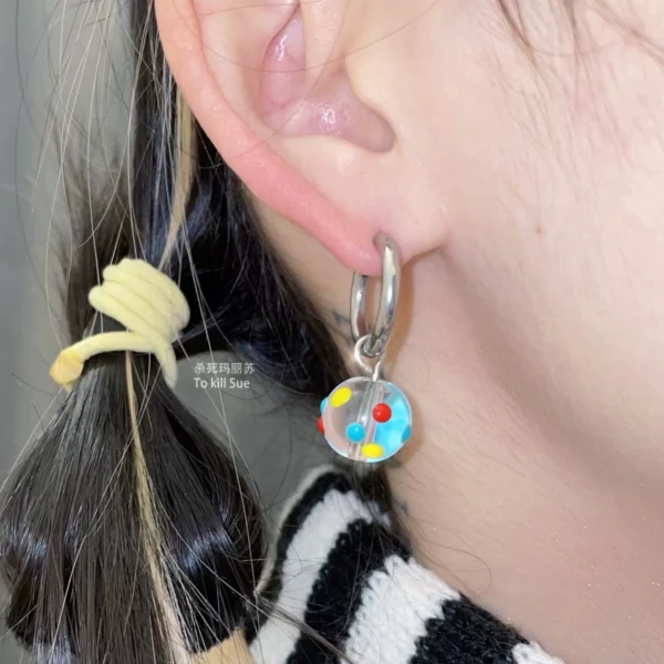 Killing Marysu Childlike Fun Japanese Fun Colorful Transparent Polka Dot Glazed Bead Earrings Titanium Steel Waterproof Earrings Simple