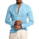 2022 Cross Border Men's Amazon AliExpress Linen Stand Collar Long Sleeve Men's Cardigan Shirt Men's Summer - Image 6