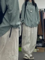 Pure cotton Japanese retro elastic waist straight casual pants men's and women's neutral style loose student all-match overalls trousers trendy - Image 3