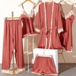 Spring and summer Douyin net red same style ice silk pajamas ladies five-piece set sexy lace home service suit suspenders nightdress - Image 3