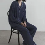 Japanese couple models skin-friendly breathable solid color double-layer cotton yarn long-sleeved trousers men and women pure cotton home clothes pajamas set - Image 3